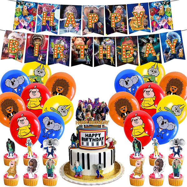 Sing 2 Bursdagsdekorsett Tegneserietema Bursdagsdekorasjoner Ballonger Kake Topper Banner