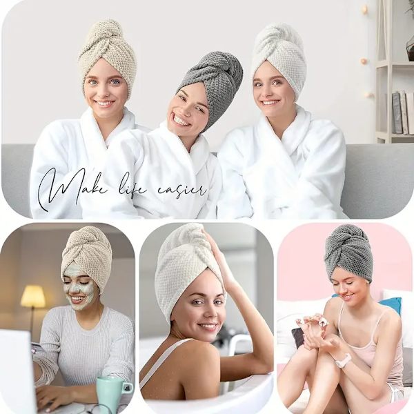 Mikrofiber Hårhandduk Wrap för Kvinnor - Superabsorberande Stickad Tyg Hår Torkning Mössa med Knapp 1 st Rosa