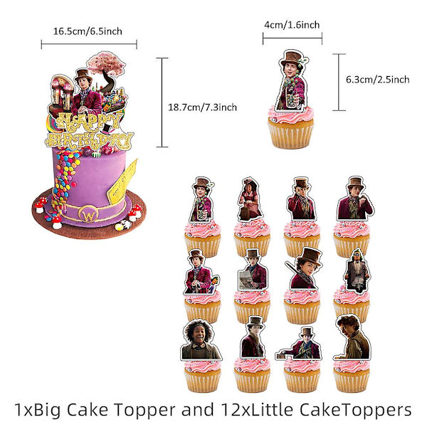 Wonka-teemainen syntymäpäiväjuhlatarvikkeet - Setti Banneri, Ilmapallot, Kakun Koriste, Kupkaken Koristeet