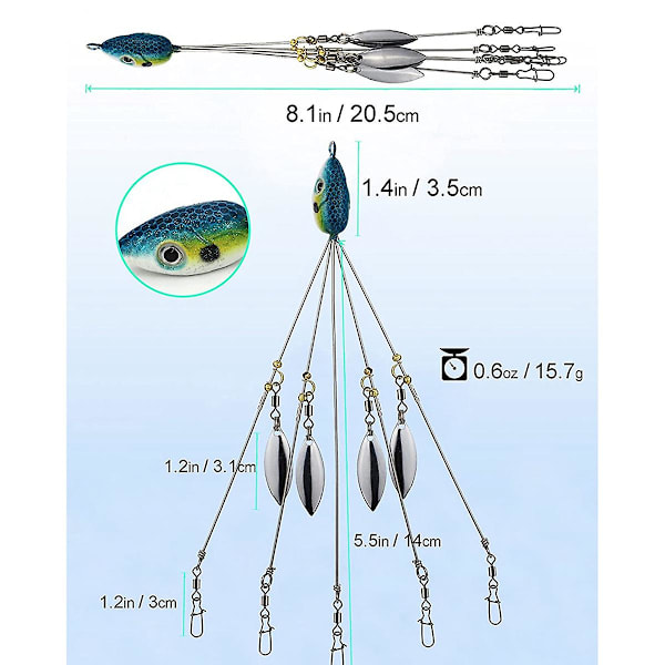 Parasol Rig til Bass, Striper og Søørredfiskeri, Svimmebaits Rig Kit, Blå