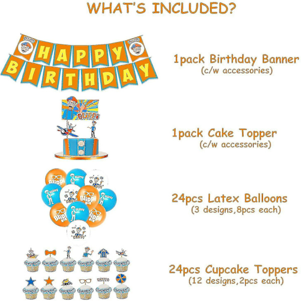 Syntymäpäiväjuhlatarvikkeet 68 kpl setti, mukaan lukien 1 pakkaus Blippi Onnea Syntymäpäiväksi -lippua, 24 kpl lateksiilmapalloja, 24 kpl cupcake-koristeita, 1 pakkaus kakkukoriste