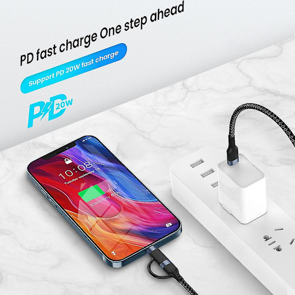 2-i-1 1m 60W PD USB-C til Type-C/Lightning Hurtigopladningskabel til iPhone Macbook Xiaomi