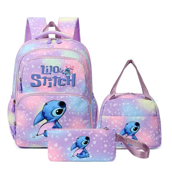 Stitch Cartoon Backpack 3-Piece Set - Waterproof Large Capacity School Bag for Students Purple