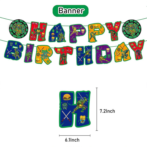 Ninja Turtles-tema bursdagsparty dekorasjonssett inkludert Happy Birthday-banner, ballongsett, kake- og cupcakes-topper