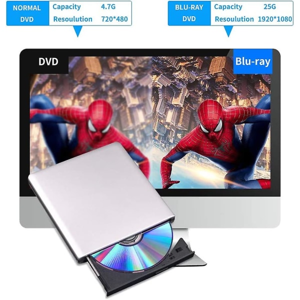 Extern Blu-ray-enhet, USB 2.0 Type-C optisk extern Blueray/DVD-enhetsbrännare för PC Kompatibel med Windows XP/7/8/10/11 Mac Laptop Desktop