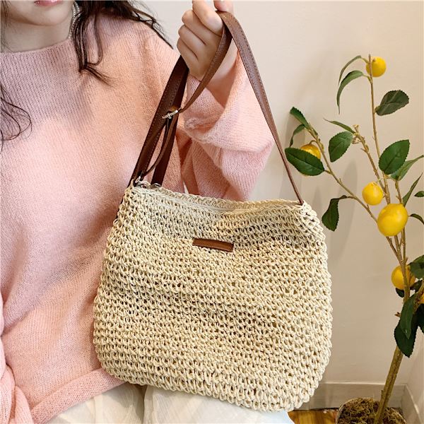 Sommarhalm Crossbody-väska Dam Strand Semester Vävd Axelväska Handväskor Beige