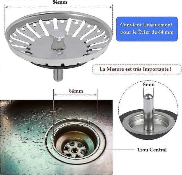 2 stk. Sil Strainer/Vask Plugg Vask Propp Hull Kjøkken/Baderom Strainer Diameter 84mm med Kuleende, Rustfritt Stål
