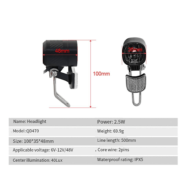 QD470 E-cykel LED Forlygte 6V 12V 24V 36V 48V 60V Cykellys Vandtæt Forlygte Vandafvisende Stik