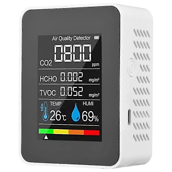 5 i 1 Luftkvalitetsmåler Tvoc Hcho Temperatur Fugtighed Co2 Meter, Usb Genopladelig Co2 Detektor Hvid