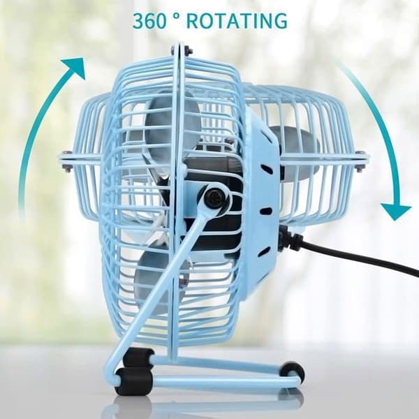 Mini lydløs ventilator med metalkonstruktion, kraftig luftstrøm og 360° justerbar vippevinkel, blåt ur