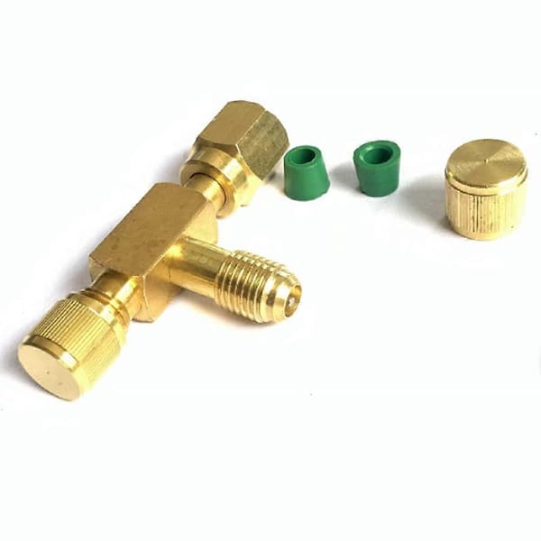 T-adapter med vridbar 1/4 SAE hangänga, nya pumpar, solid mässing, kylserviceventil