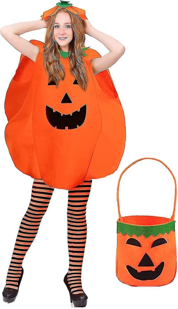 4 Dele Halloween Græskar Kostume Til Voksen, Græskar Outfits Cosplay Med Græskar Hat, Græskar Tasker Og Høje Strømper