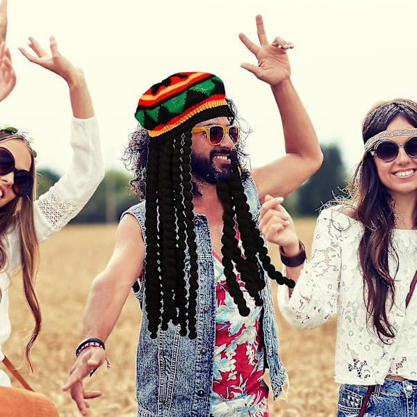 2-pack Rasta-set: Rastahatt med svarta dreadlocks-peruk och gula glasögon - Karibisk dräktkostym