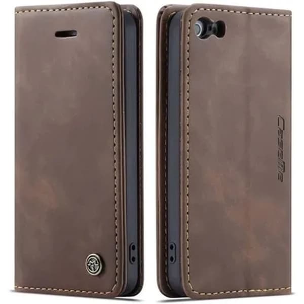 Fodral för iPhone 5/5S/SE 2016, stöttåligt plånboksfodral i premiumläder, kaffe