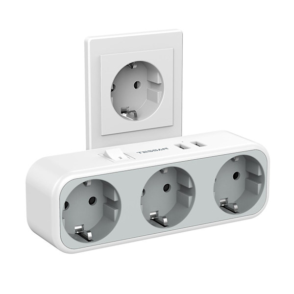 Europeisk støpselkontakt med 2 USB-porter og bryter - Flere kontakter for stikkontakt og USB-adapter 3 uttak for stikkontakt, veggmontert stikkontaktadapter