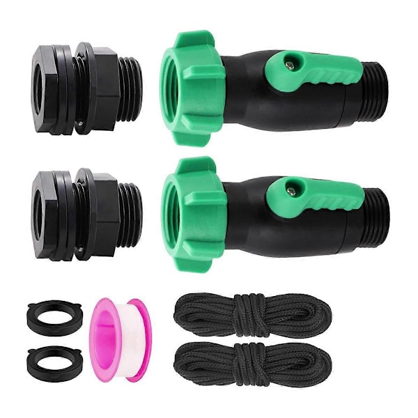 Regnvattentunna Kran Kit 2-pack 180 Grader 3/4 tum GHT Plast Vattenslang Avstängningsventil med Skottgenomföring