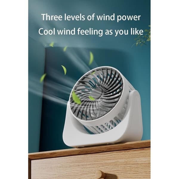 Ventilator. Mini USB genopladelig bordventilator, tre ventilationshastigheder, kraftig luftstrøm - hvid.