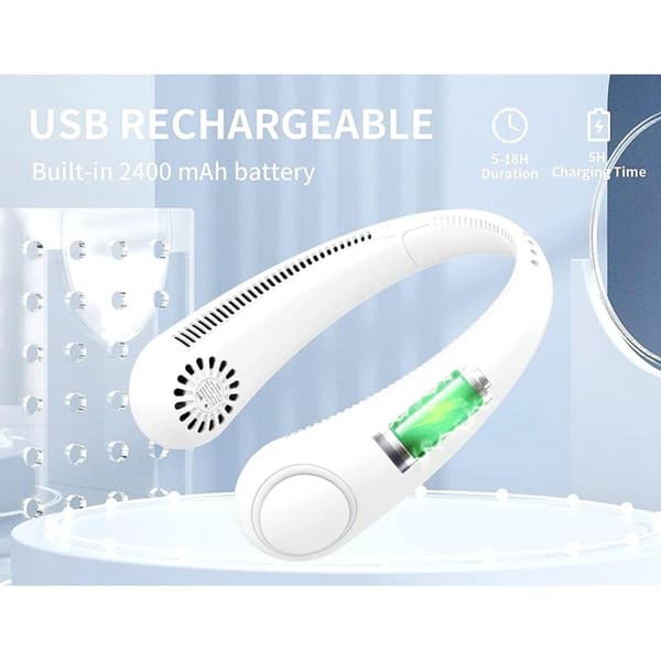 Bærbar halsventilator. USB-halsventilator, tre hastigheder. 360° justerbar (hvid).