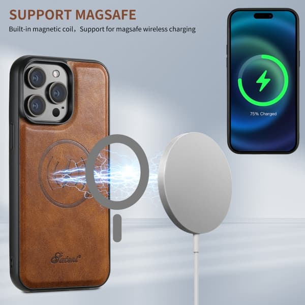 Fodral i konstläder med MagSafe-korthållare för iPhone 16 Pro - Brun