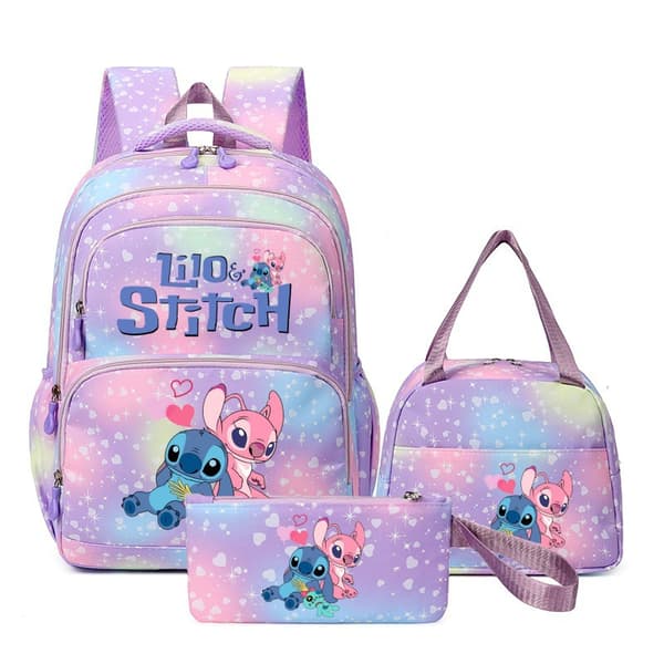 Stitch Cartoon Backpack 3-Piece Set - Waterproof Large Capacity School Bag for Students Purple 4
