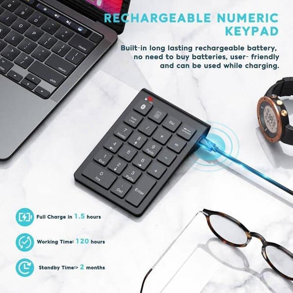 Trådløst Bluetooth-taltastatur, 22-tasters bærbart tyndt numerisk tastatur til bærbar computer, pc, desktop, notesbog