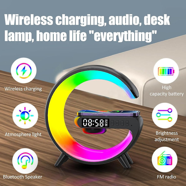 Trådløs Højttaleroplader | G-Formet LED Trådløs Opladningshøjttaler | Atmosfærisk Natlys Trådløs Telefonoplader | RGB Farveskiftende Stemningslys A