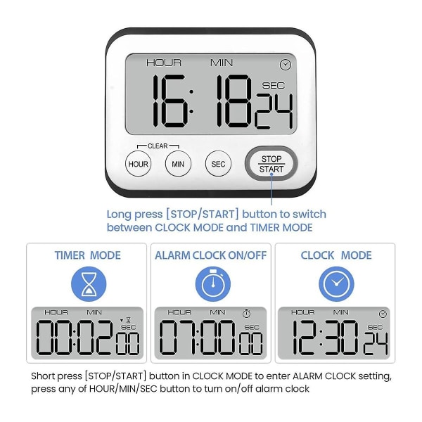 Kjøkken Timer Alarmklokke Multifunksjonell Digital Matlagingstimer Med LCD-Skjerm Store Siffer Nedtelling
