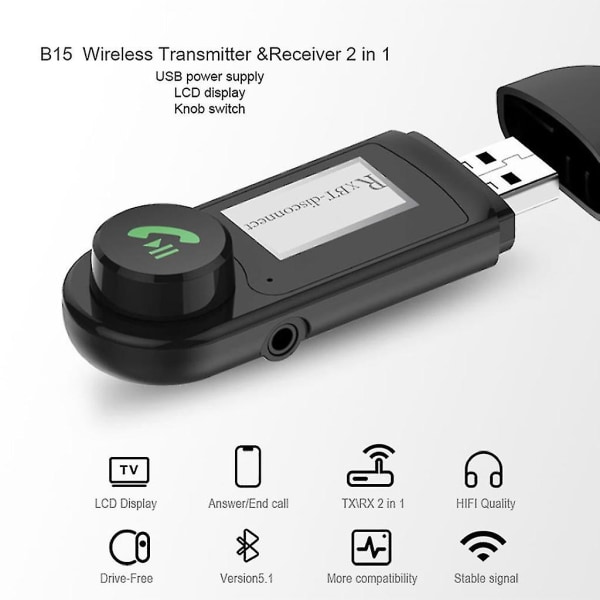 Bluetooth-yhteensopiva 5.0-sovitin Aux-äänivastaanotinlähetin 2-in-1 LCD-näytöllä