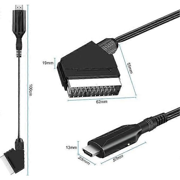 SCART til HDMI-adapter, SCART til HDMI-konverter med HDMI-kabel for 720P/1080P Full HD-TV, lyd og video for Blu-ray DVD-spiller STB VHS Xbox PS3