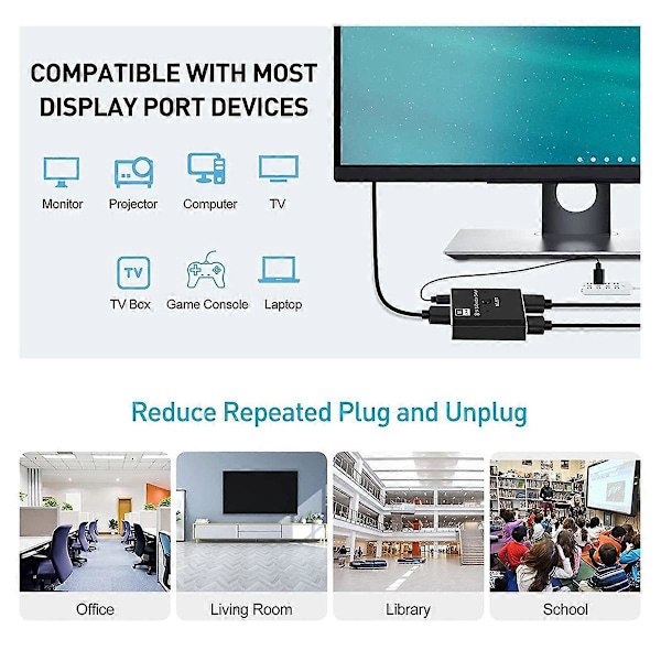 8K DisplayPort-bryter 2 inn 1 ut/ 1 inn 2 ut Display Port DP-bryter støtter 8K30Hz 4K120Hz for PC