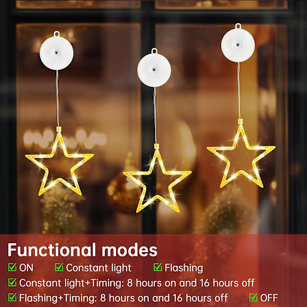 LED-stjerner Julepynt, Pakke med 3, 10 LED Julepynt Inne med Timer, Varmt Hvit Feelystjernene for Vindu Dekorasjon, Jul