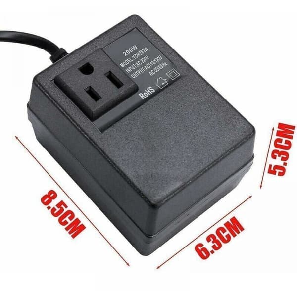 220V til 110V transformator, 200W, med europeisk plugg, for redusert spenning.