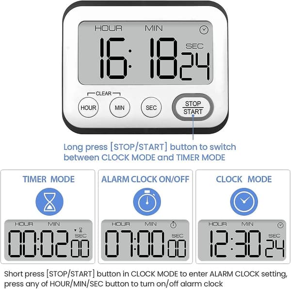Køkken Timer, Multifunktionel Alarmur, Koge Timer Med Ur, Digital Timer, Stopur Med Stor Digit LCD Skærm