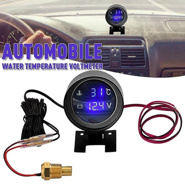 2 i 1 Bil Vanntemperaturmåler HD LCD Display Voltmeter Temps Meter for Kjøretøy