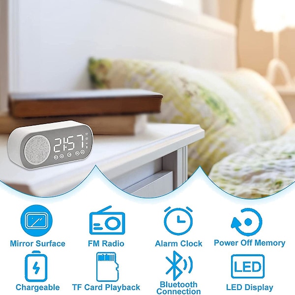 Digital LED-väckarklocka med FM-radio och Bluetooth-högtalare, 3 nivåer av ljusstyrka, snooze