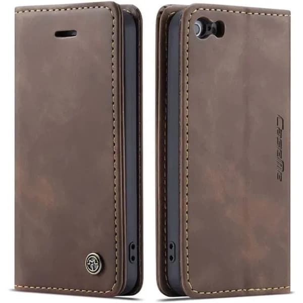 Fodral för iPhone 5/5S/SE 2016, stöttåligt plånboksfodral i premiumläder, kaffe