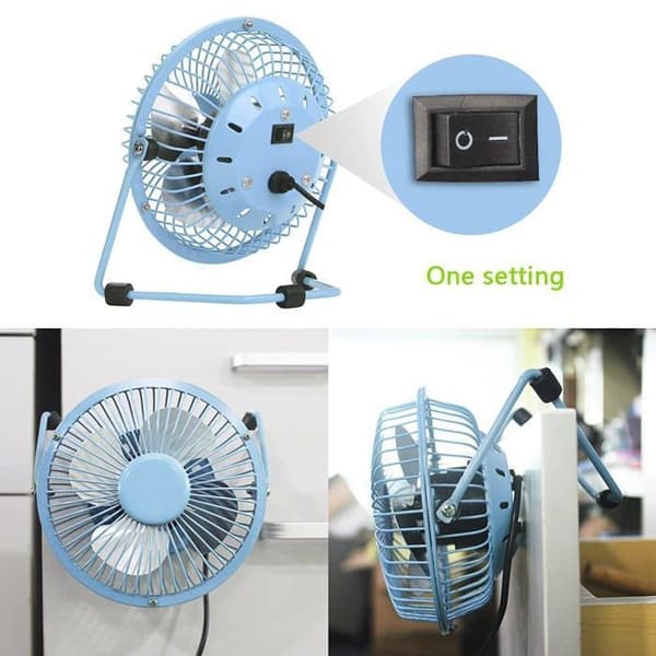 Mini lydløs ventilator med metalkonstruktion, kraftig luftstrøm og 360° justerbar vippevinkel, blåt ur