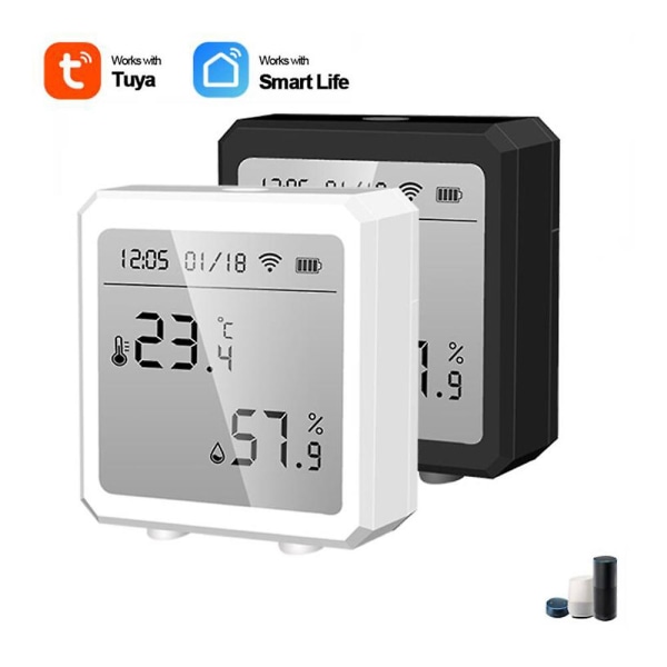 WIFI temperatur- och fuktighetssensor inomhus hygrometer termometer med LCD-display fungerar med TUYA APP-kontroll, svart