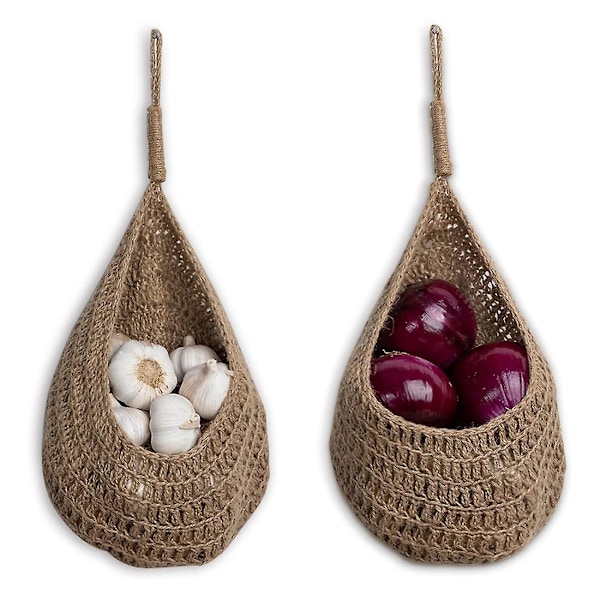 Tvåpack hängande lökförvaringskorgar i snöre för skafferi, potatis- och vitlökskorgar, boho-väggkorgar