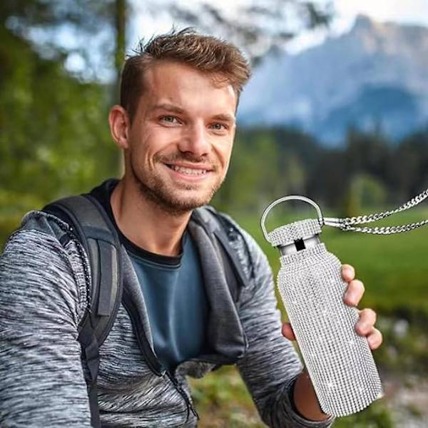 Bling Kop, Glitter Vandflaske, Termisk Vandflaske i Rustfrit Stål med Kæde til Kvinder (sølv 500ml)