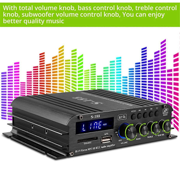 90W S-188 Bluetooth Stereo HiFi Forstærker 2.1 CH Audio Effektforstærker Bas Diskant Kontrol Musik Afspilning