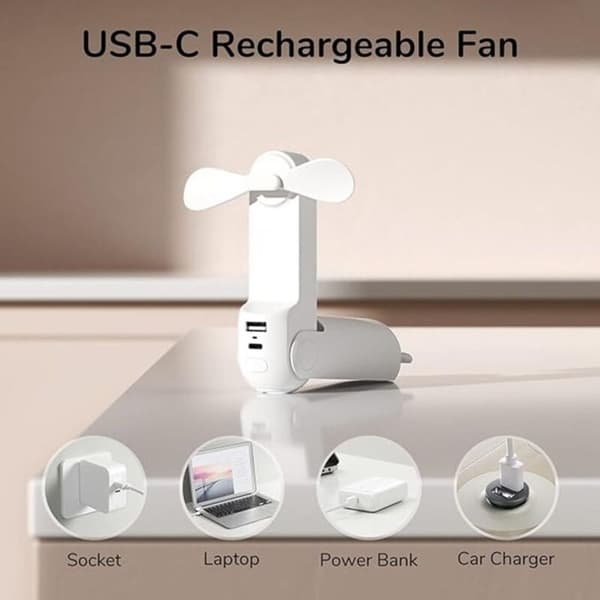 Premium mini bærbar ventilator, 2000 mAh, USB genopladelig, med opladningsfunktion. Hvid.
