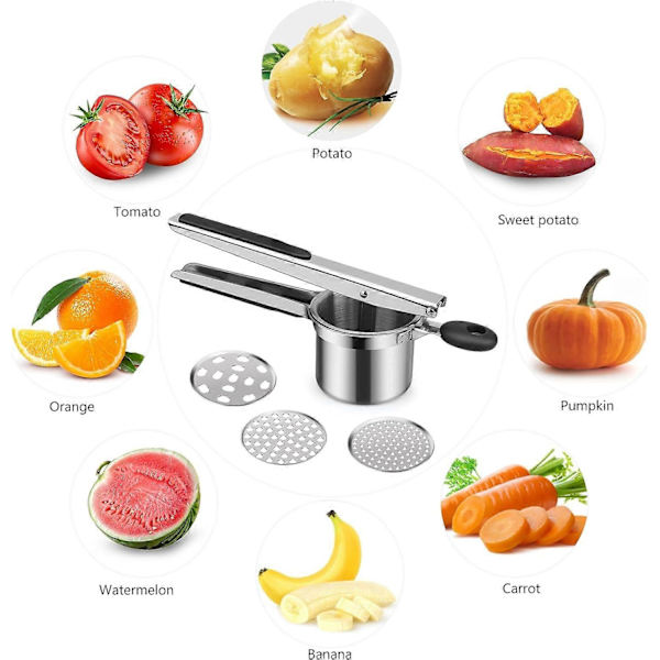 Kartoffelmoser, Madkvalitets Rustfrit Stål Ricer Presse med 3 Udskiftelige Skiver, Multifunktionel Ricer til Mos, Pure, Frugt