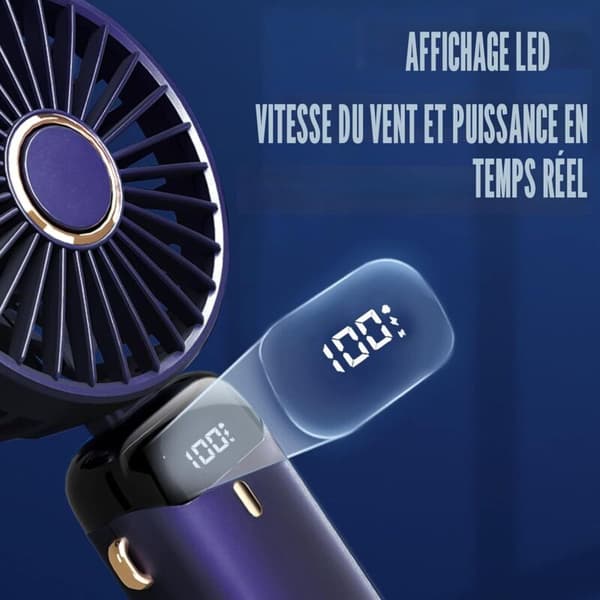 USB genopladelig bærbar ventilator med 5 hastigheder. Mini sammenklappelig bordventilator med LED-display (blå).