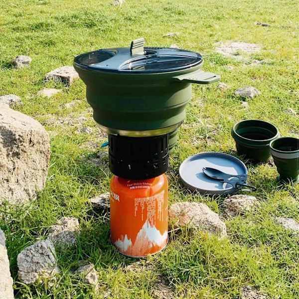 Vikbar utomhusgryta Silikon Vandring Kokgryta Bärbar Picknickgryta Rostfritt Stål Campingkokare