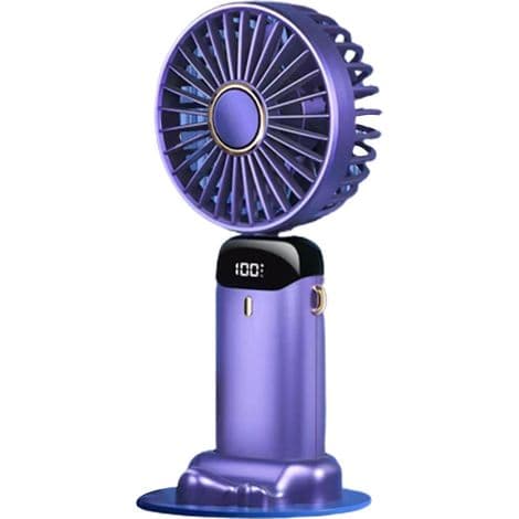 Mini bærbar udendørs ventilator. Dobbelt batteri. 5 blæserhastigheder. Ideel til camping og vandreture (lilla).