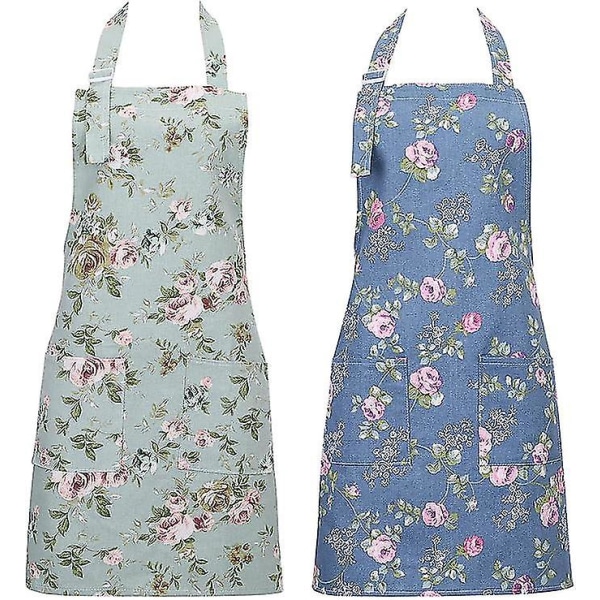 2-pack köksförkläden för kvinnor, justerbara blommiga förkläden kockbageriförkläde matlagningsförkläde med stora fickor för matlagning bakning trädgårdsarbete - I lager