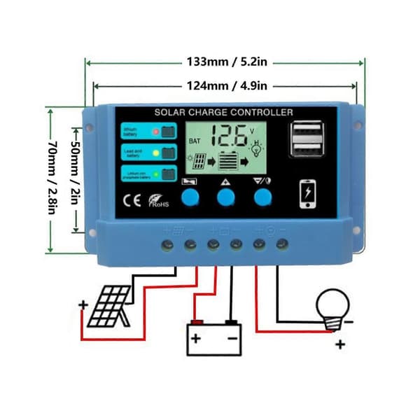 Højkvalitets blå solcelle regulator til lithium bly-syre batteri LCD display