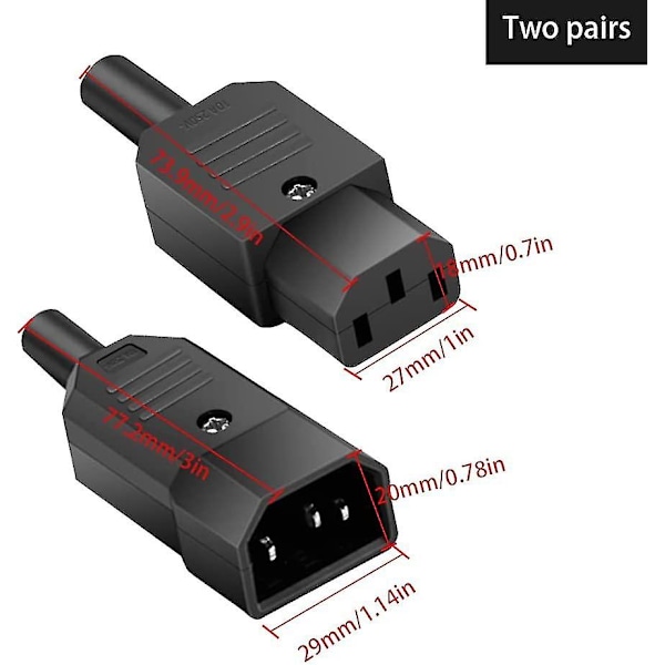 Strømstik 250v 10a 3-polet C14 Han C13 Hun DC AC Strømstik IEC Strømstik Adapter Strømkabel Stik til Strøm Overførsel (2 stk)