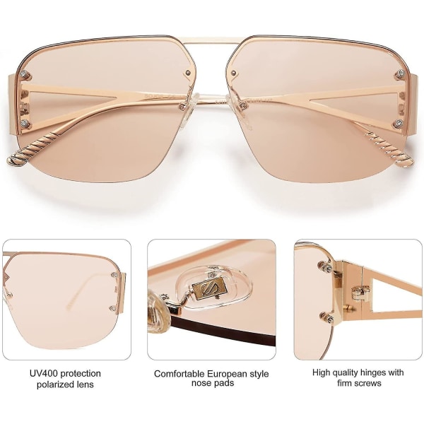 Trendy Aviator Solbriller til Mænd og Kvinder Retro Metal Rammeløse Briller Shades Lentes De Sol Para Mujer SJ1192-(Brun)